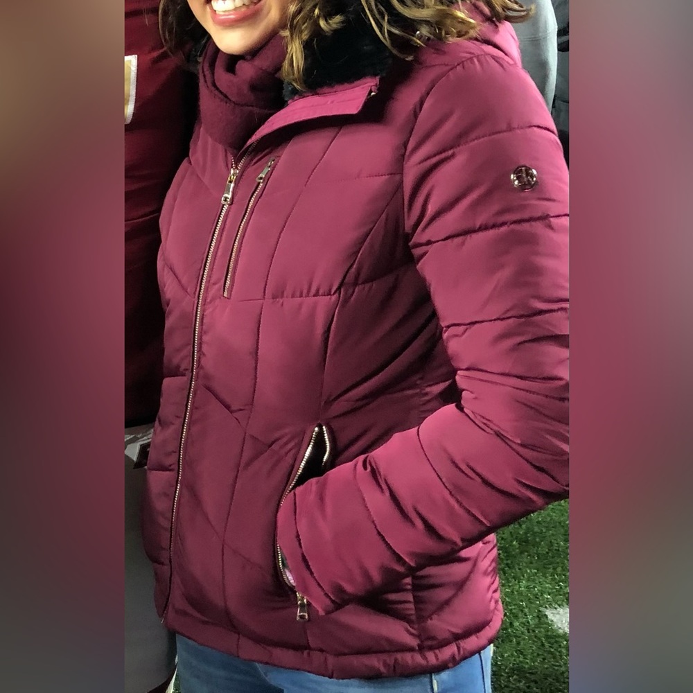 Calvin Klein Faux-Fur-Lined Puffer Coat in size S, Color Beet